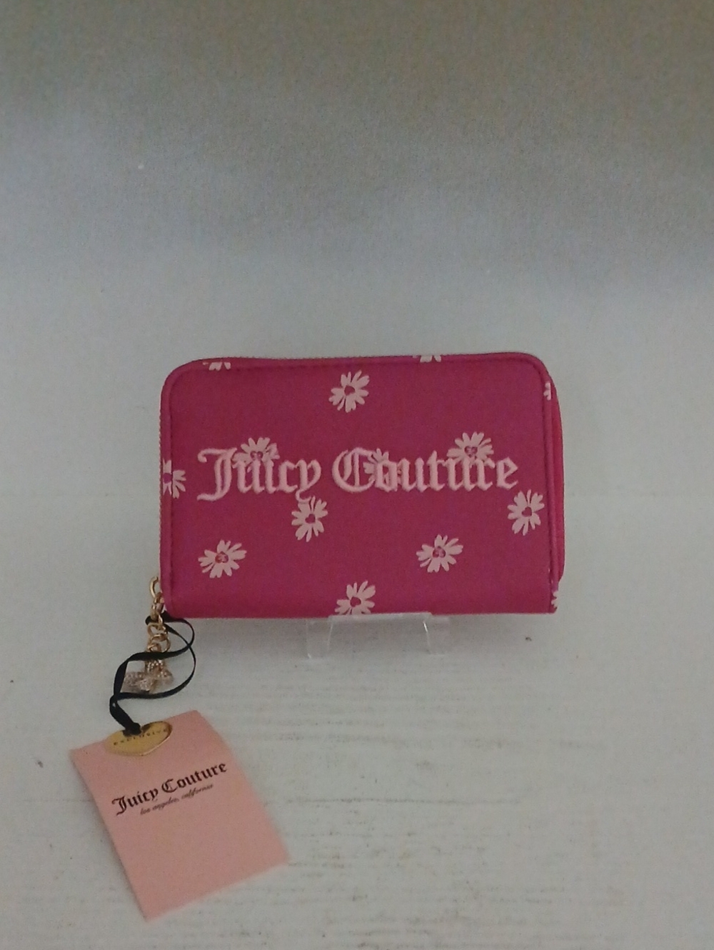 Juicy Couture Hot Pink Daisy Zip Card Holder with Gold Accents